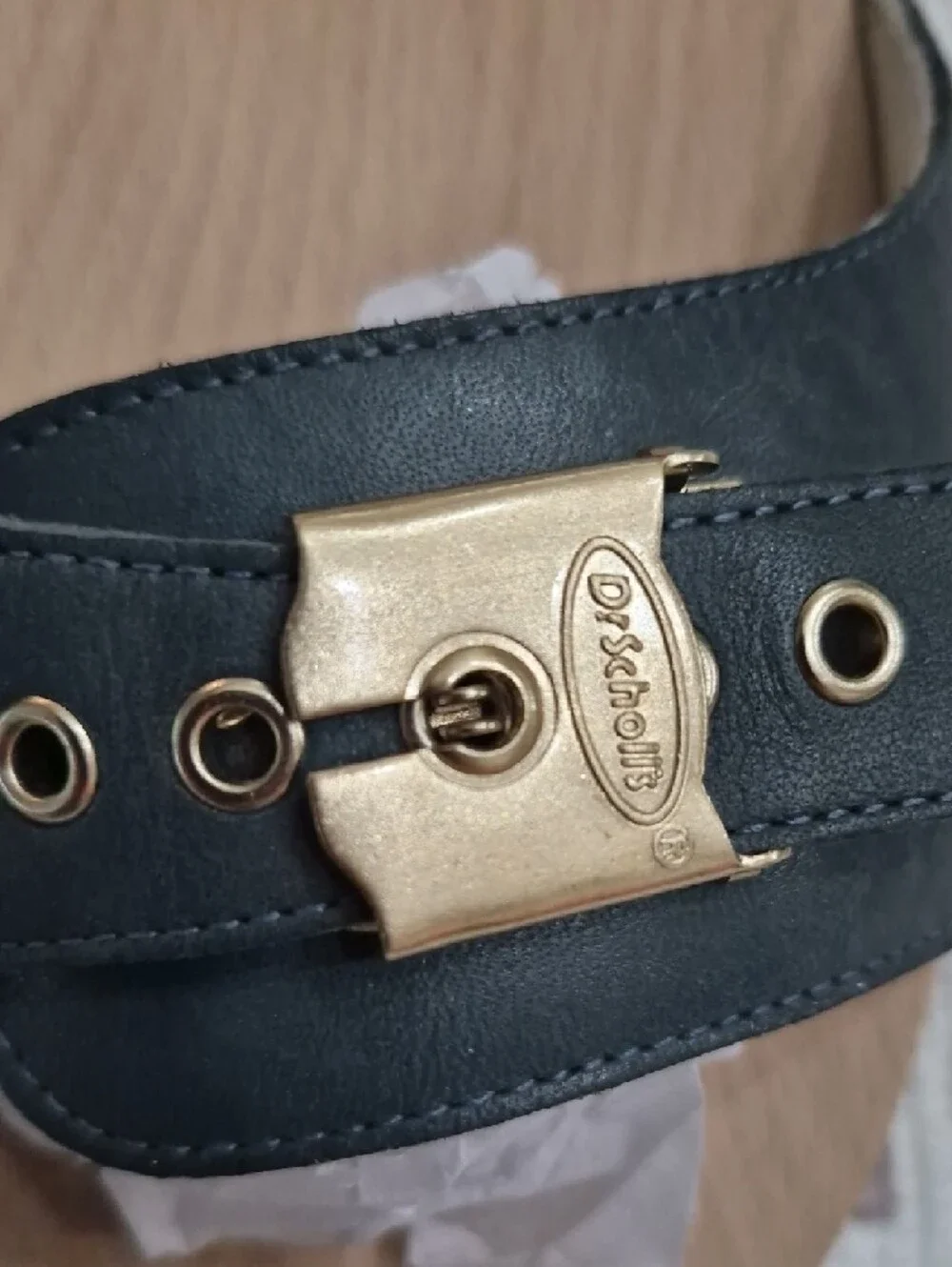 ORIGINAL COLLECTION/ DR. SCHOLLS Blue Leather Slide Sandals Gold Buckle 10 - Picture 6 of 12